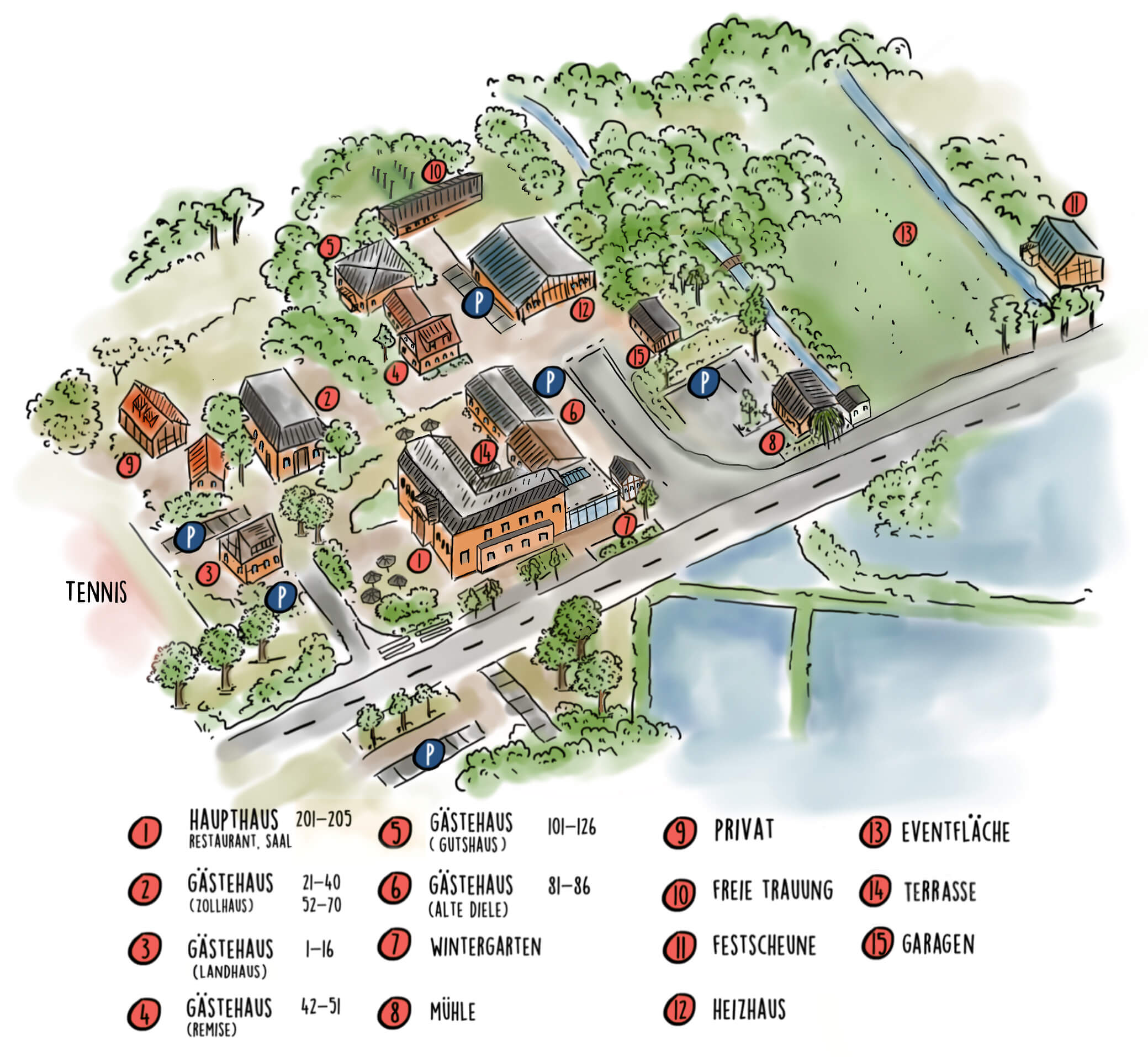 Lageplan von Gut Altona mit Parkplätzen rund um das Haupthaus
